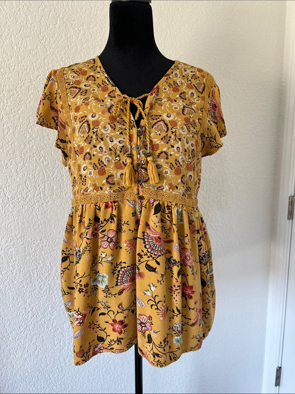 True Craft Mustard Floral Lace-Up Boho Blouse